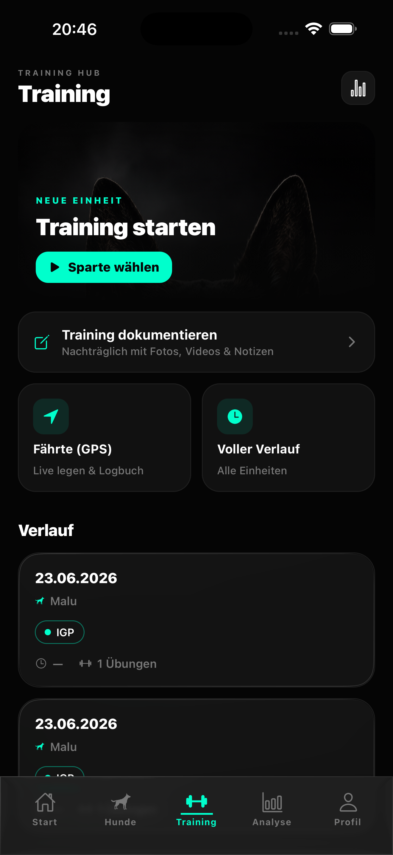 ANYVO Training Hub mit Training starten und Verlauf am 23.06.2026